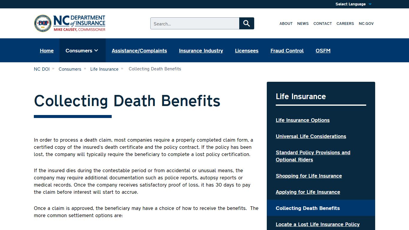 Collecting Death Benefits | NC DOI