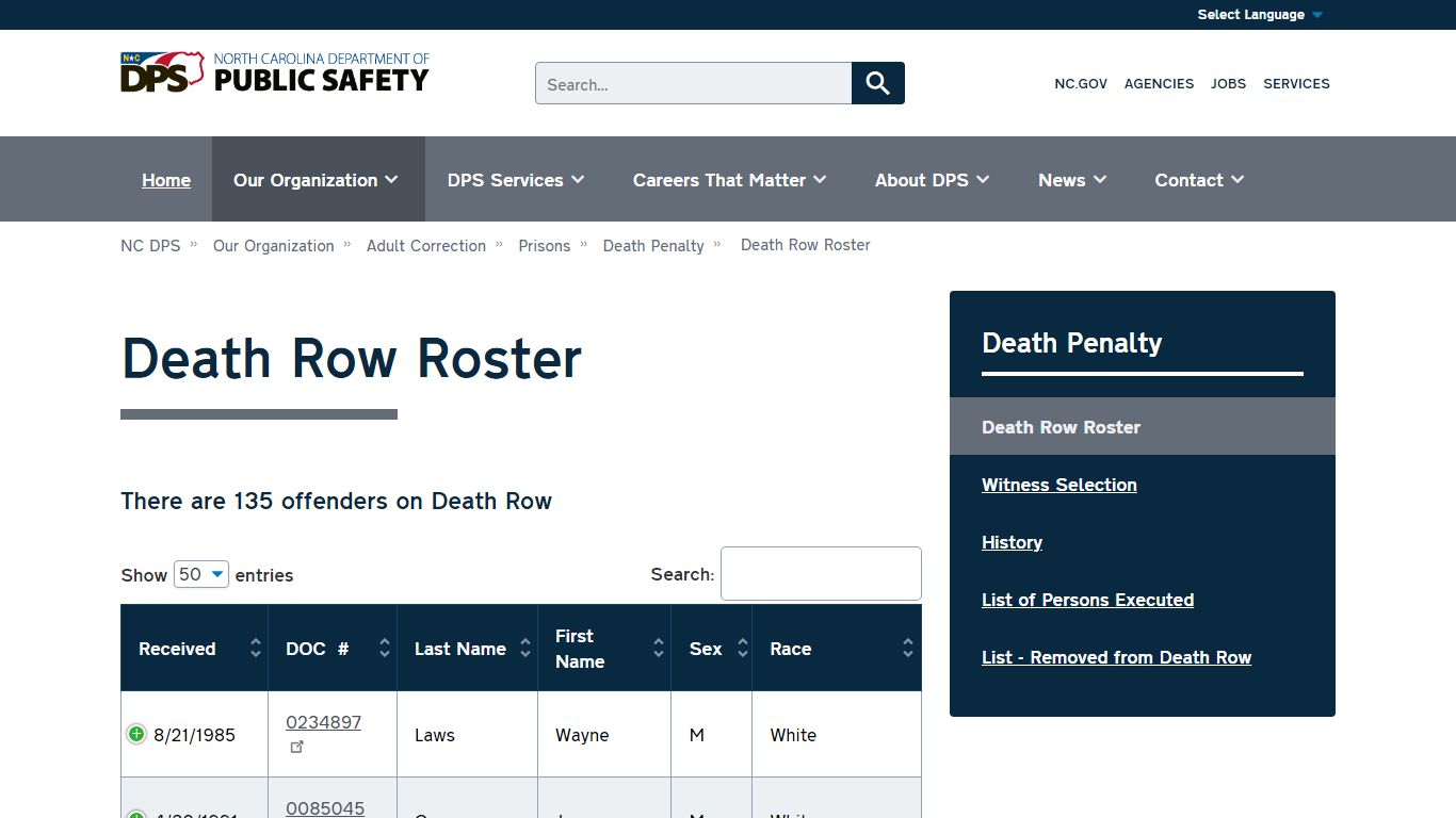 Death Row Roster | NC DPS - North Carolina Department of Public Safety